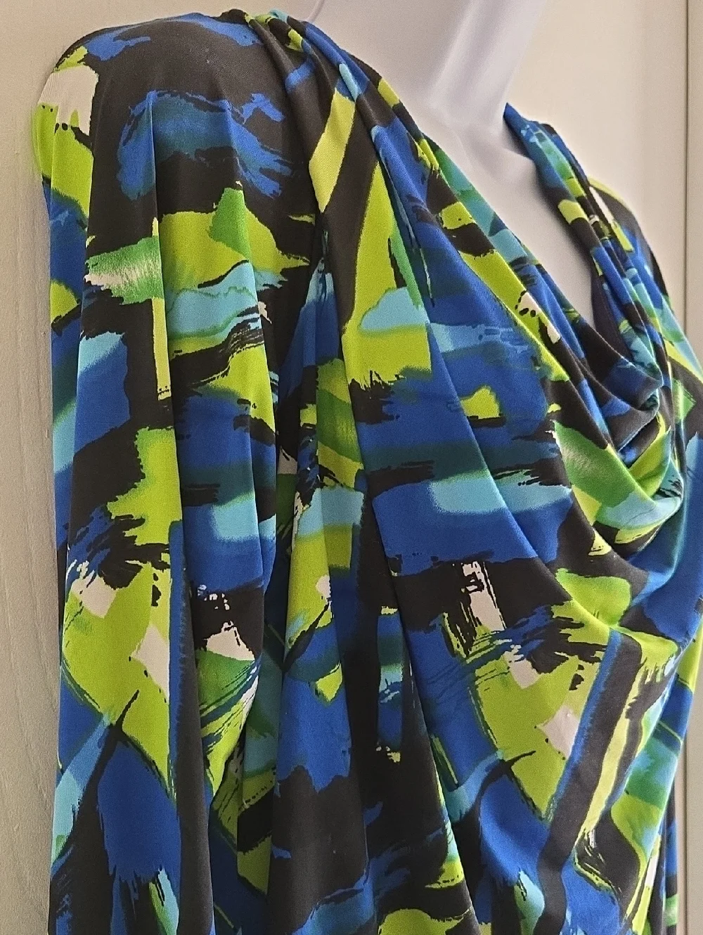 Bianca Nygård Abstract Print Cowl Neck Stretch Top Size 16 Blue Green Black Long - Picture 5 of 8
